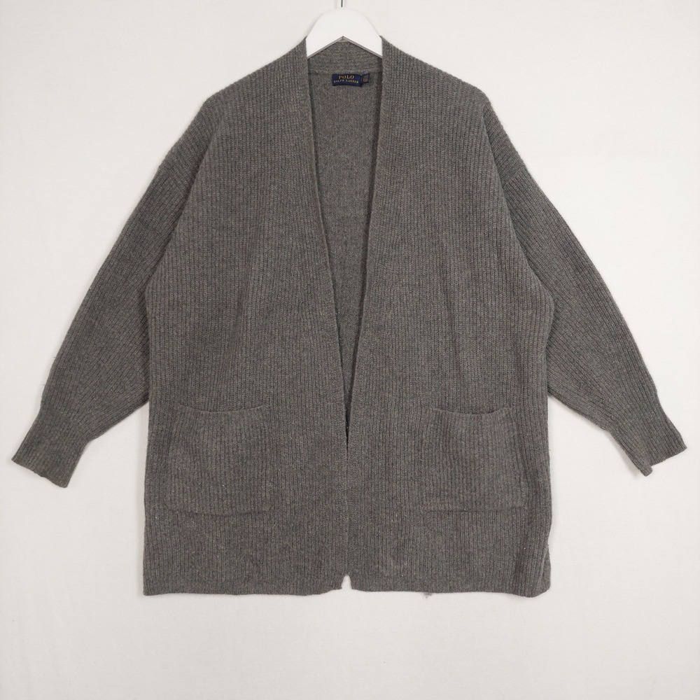 Polo Ralph Lauren Gray Ribbed Knit Open Front Cardigan Sweater Oversized Small